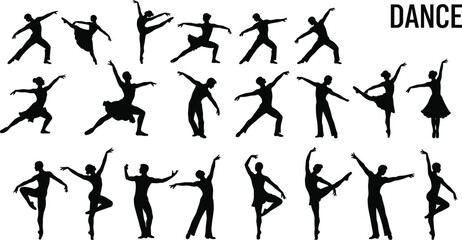 Silhouettes of dancers in motion, ballet and contemporary dance poses, male and female performers, isolated vector illustration on white background