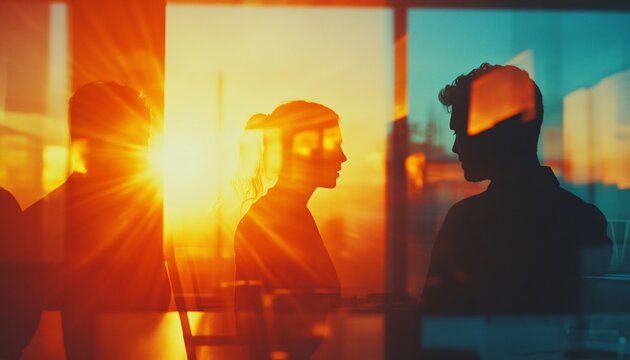 The image shows two silhouetted figures engaged in conversation against a vibrant sunset backdrop, visible through a glass window reflecting the scene.