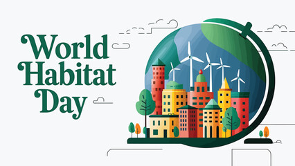 Vector art of world habitat day graphic with globe showing city, wind turbines, and trees, promoting sustainable urban living
