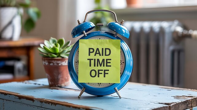 Retro blue alarm clock with a bright yellow sticky note reminding of paid time off on a rustic wooden surface