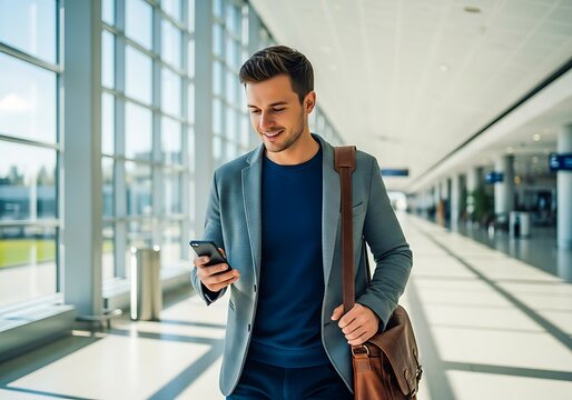 Man in blazer checking phone while walking in airport