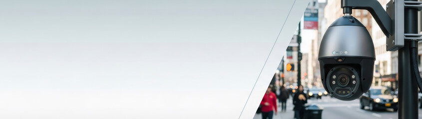 Security camera monitoring urban city street traffic and pedestrian movement. Surveillance technology for safety and control.