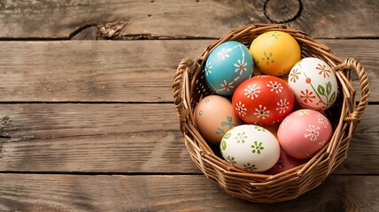 Woven easter basket overflowing with vibrantly decorated eggs on a rustic wooden surface celebrating spring and tradition