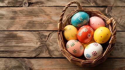 Woven easter basket filled with vibrantly colored and ornately decorated eggs resting on a rustic wooden surface