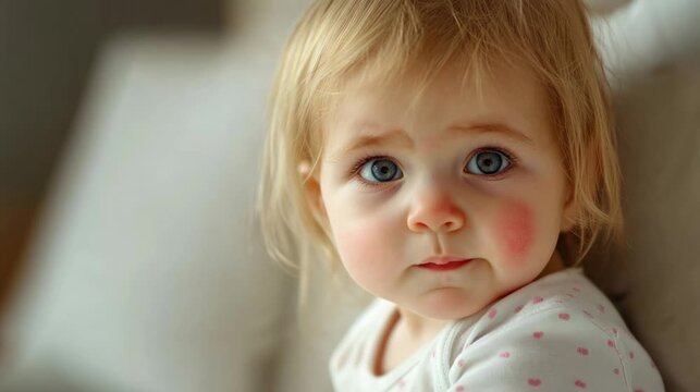 A curious toddler looks directly at the camera with sweet blue eyes and a subtle pout, showcasing innocence and wonder in a cozy indoor setting full of warmth