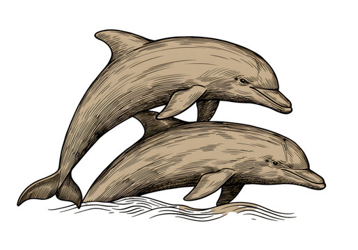 Illustration Of Two Dolphins Swimming In Ocean With Transparent Background