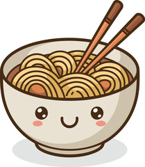 Cute kawaii ramen bowl with noodles, smiling face, chopsticks, Japanese food cartoon, Asian cuisine, adorable character, vector art, illustration