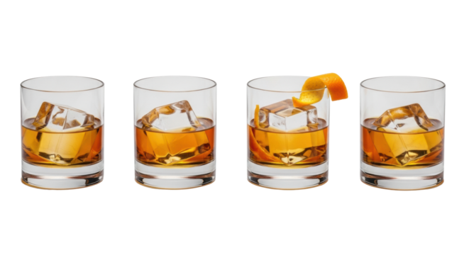 Four identical crystal whiskey tumblers, distinct amber whiskey, clear geometric ice, one with an orange peel, isolated on seamless transparent background, high-key lighting. Concept of luxurious