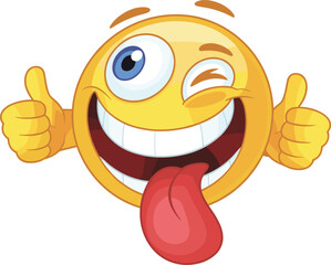Funny emoji face with tongue out and winking eye, cartoon smiley showing thumbs up, happy playful emoticon, cheerful expression flat vector illustration