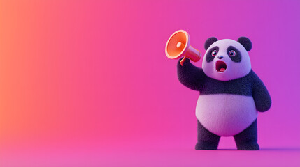 Naklejka premium A panda excitedly speaks into a large megaphone