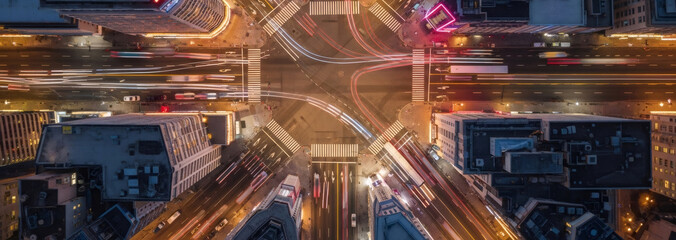 Aerial top view of city traffic on a busy road intersection at night with illuminating light trails. Modern urban life.