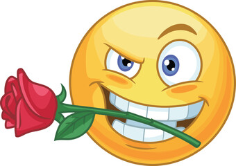 Flirty emoji face with red rose in mouth, romantic cartoon emoticon expression, fun love symbol, humor icon, digital art