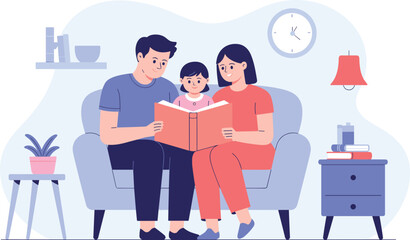 Happy family reading book together on couch, parents and child enjoying storytime, cozy home environment, bonding, parenting, education, love, family time, togetherness, happiness