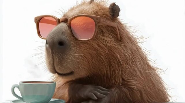 9 sec of capybara in sunglasses is drinking from a cup some hot beverage like tea or coffee animation on white background
