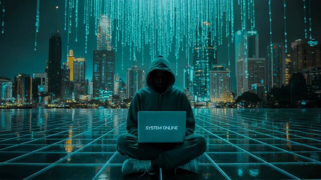 Hacker typing on laptop motion in futuristic city background, hooded figure with digital code rain effect, cyber attack and cybersecurity concept animation