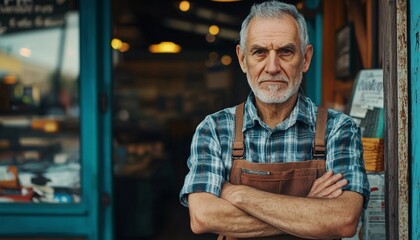 A mature man with gray hair and a beard stands in front of a teal door, arms folded, wearing a brown leather apron over a plaid shirt.