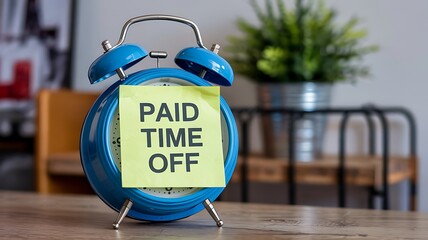 Retro blue alarm clock with a bright yellow sticky note attached saying paid time off