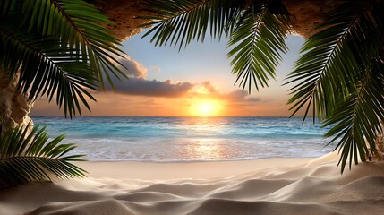 Tranquil Beach Sunrise Framed by Tropical Palm Leaves and Gentle Ocean Waves