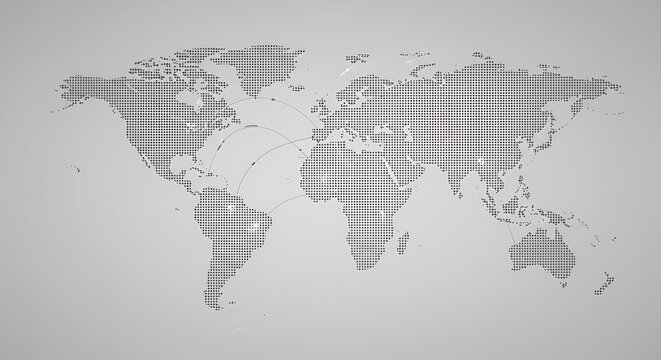 A monochromatic dotted world map illustration with arching lines symbolizing global connections, international business, and digital networks