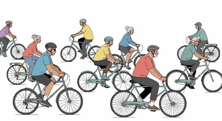 Diverse group of seniors enjoying a bicycle ride together, promoting healthy aging, active lifestyle, and community engagement for wellness programs and senior living advertisements.