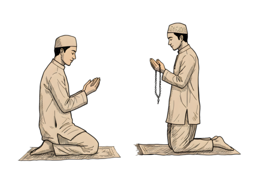 Illustration of Two Muslims Praying Kneeling in Silhouette Black Background - Powered by Adobe