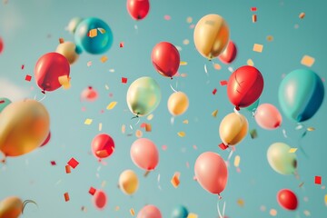 Fototapeta premium Celebratory ascension of vibrant balloons and confetti against a tranquil cerulean sky evokes