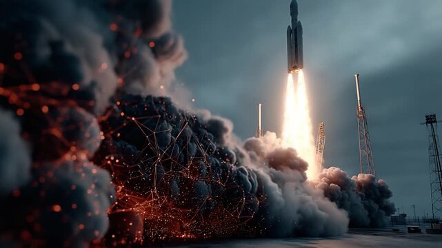 Rocket Ascent: A monumental rocket soars majestically, igniting a symphony of flames and smoke, etching a trail toward the stars amidst a darkened sky.