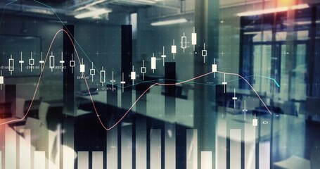 Displaying translucent financial chart overlaying open-plan office, with candlestick bars
