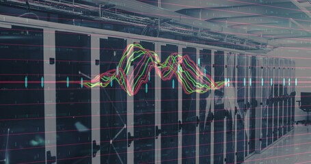 Server cabinets glowing with LEDs under cable trays in data center, digital graph overlay