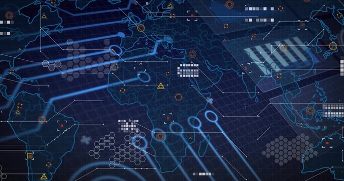 Projecting world map at futuristic HUD, showing network lines, data clusters, grids, warning icons