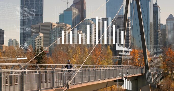 Riding male cyclist with helmet and bicycle crossing cabled footbridge at park, with data overlays - Powered by Adobe