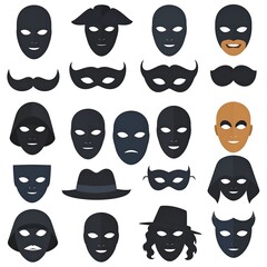 Collection of various black masks and accessories on a plain white background.