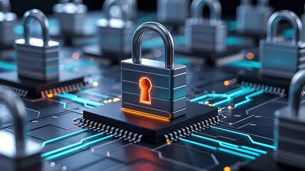 Digital security padlock glowing on a computer chip with illuminated circuits representing data protection and cybersecurity concepts
