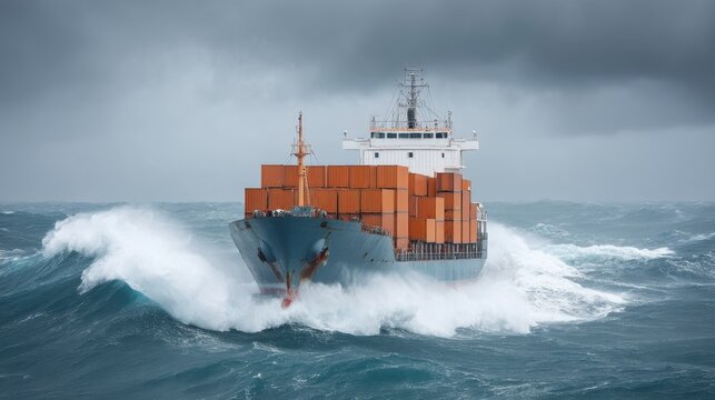 Cargo ship navigating through rough seas with stormy clouds and turbulent waves on a dramatic maritime journey in the open ocean