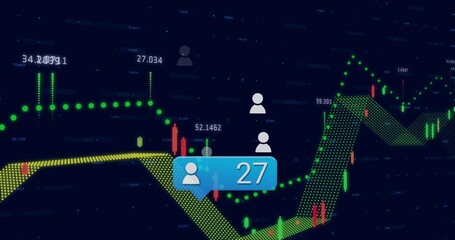 Displaying blue callout bubble showing 27 on dashboard with green yellow trend lines, bars, markers