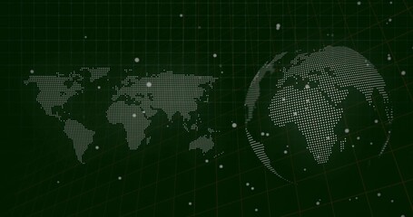 Showing dotted globe spinning over dark green grid, with flat world map glowing points, copy space