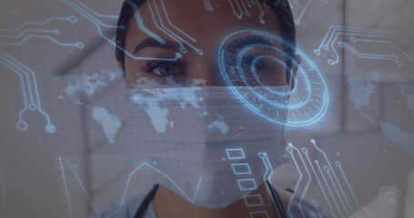 Nurse studying interface with circuit lines world map grid data at hospital, with mask stethoscope