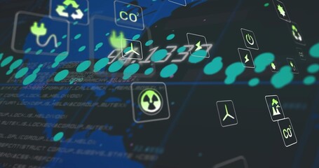 Floating icons on dashboard, with recycling, CO?, plug, wind turbine, lightning bolt and radiation