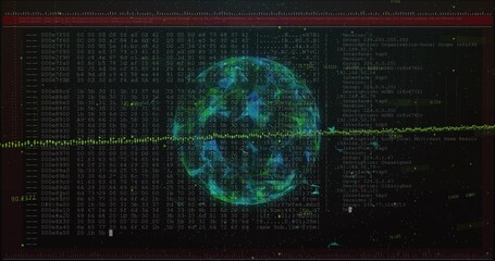 Holographic sphere floating in interface, with hex code, ASCII output, green waveform, log overlay