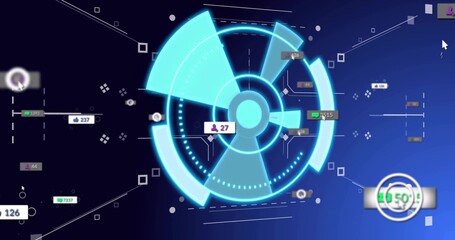 Displaying central HUD interface floating in virtual dashboard, with segmented arcs and data labels