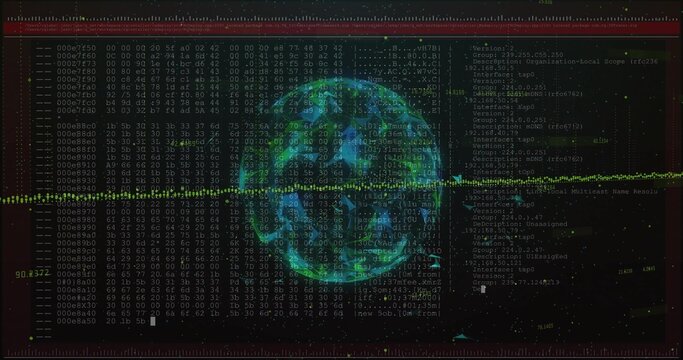 Holographic sphere floating in interface, with hex code, ASCII output, green waveform, log overlay