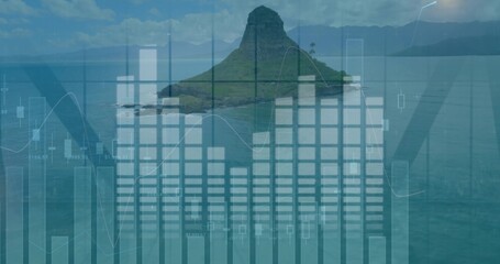 Displaying translucent financial charts overlaying calm sea, featuring solitary volcanic island