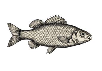 Detailed Fish Illustration in Black and White Isolated On Transparent Background