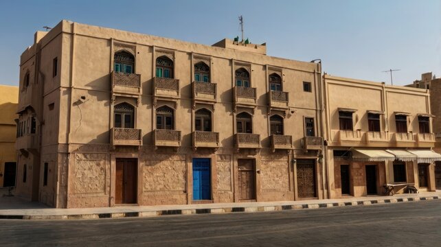 Timeless Arabian Architecture: Ornate Balconies and a Striking Blue Door in the Sun