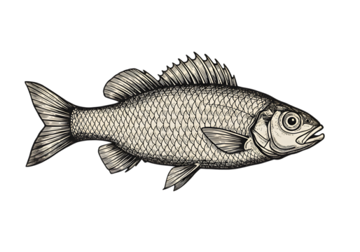 Detailed Fish Illustration in Black and White Isolated On Transparent Background