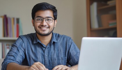 A young man with glasses sits at a desk, smiling at the camera while using his laptop, in a home office setting with bookshelves in the background.