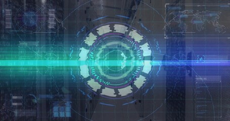 Displaying holographic circular HUD in data hub, with scanning beam, data panels, world map overlay