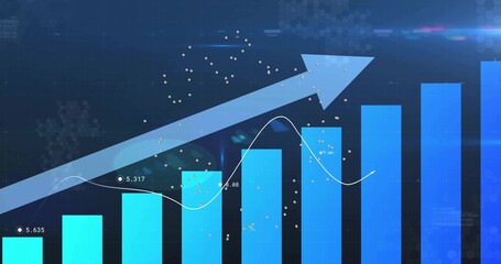 Displaying upward-trending bar chart on digital dashboard, with line graph data labels and arrow