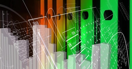 Merging vertical orange green binders with financial data against dark shelf, analytics overlays