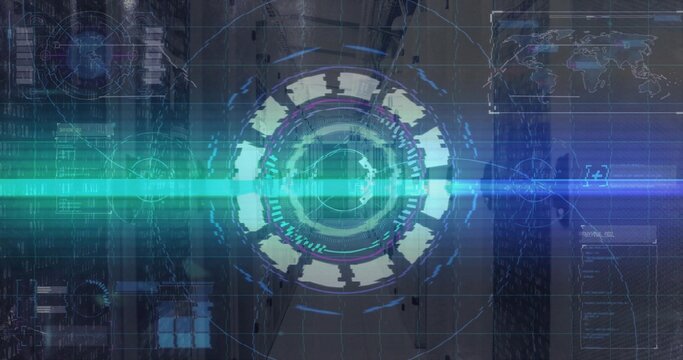 Displaying holographic circular HUD in data hub, with scanning beam, data panels, world map overlay - Powered by Adobe